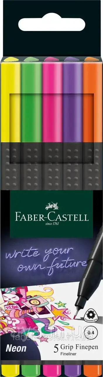 Набір ручок капілярних, 5 кольорів, Grip Finepen neon, Faber-Castell, 151603