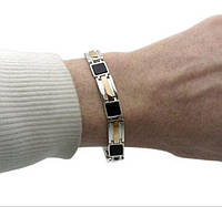 Мужской серебряный браслет с золотыми пластинами и камнем Оникс - символизирует внутреннюю силу и защиту