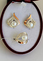 Срібний набір з золотими пластинами і перлами Афіна - сережки і кільце зі срібла і золота