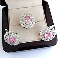 Серебряный набор - Серьги и Кольцо с розовыми камнями