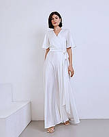 Нарядное шелковое белое платье в пол, юбка-солнце с разрезом (S, M, L, XL)