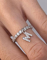Серебряное женское кольцо с буквой - женское милое серебряное колечко с подвеской буквой и циркониями