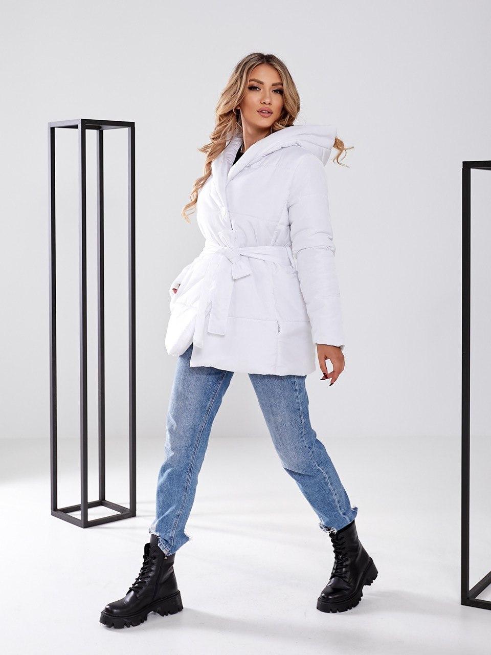 Куртка демісезона жіноча на поясі з капюшоном арт. 505 біла/ білий