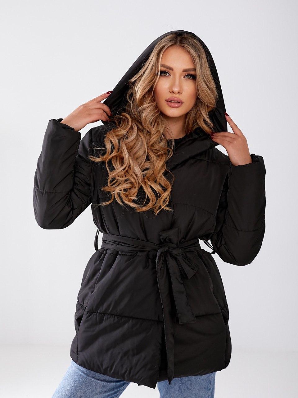 Куртка демісезона жіноча на поясі з капюшоном арт. 505 чорна/ чорний, фото 1