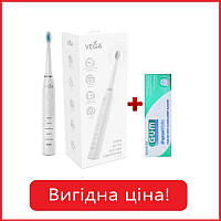 Электрическая звуковая зубная щетка на 5 режимов Vega VT-600 W (белая) + Зубная паста GUM ORIGINAL WHITE, 75мл