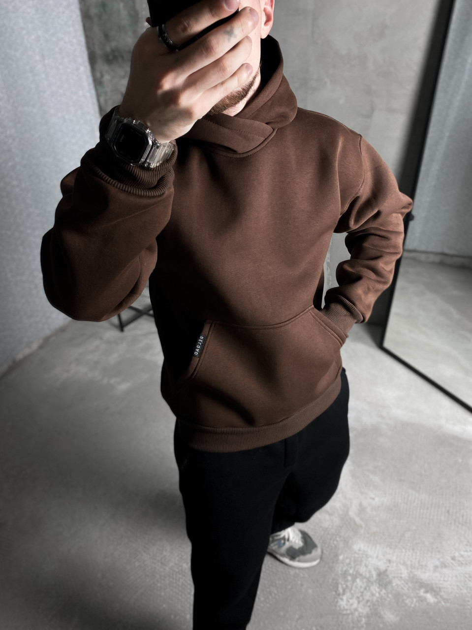 Толстовка чоловіча зимова fleece коричнева худі зимове чоловіче з капюшоном на флісі кофта тепла з начосом