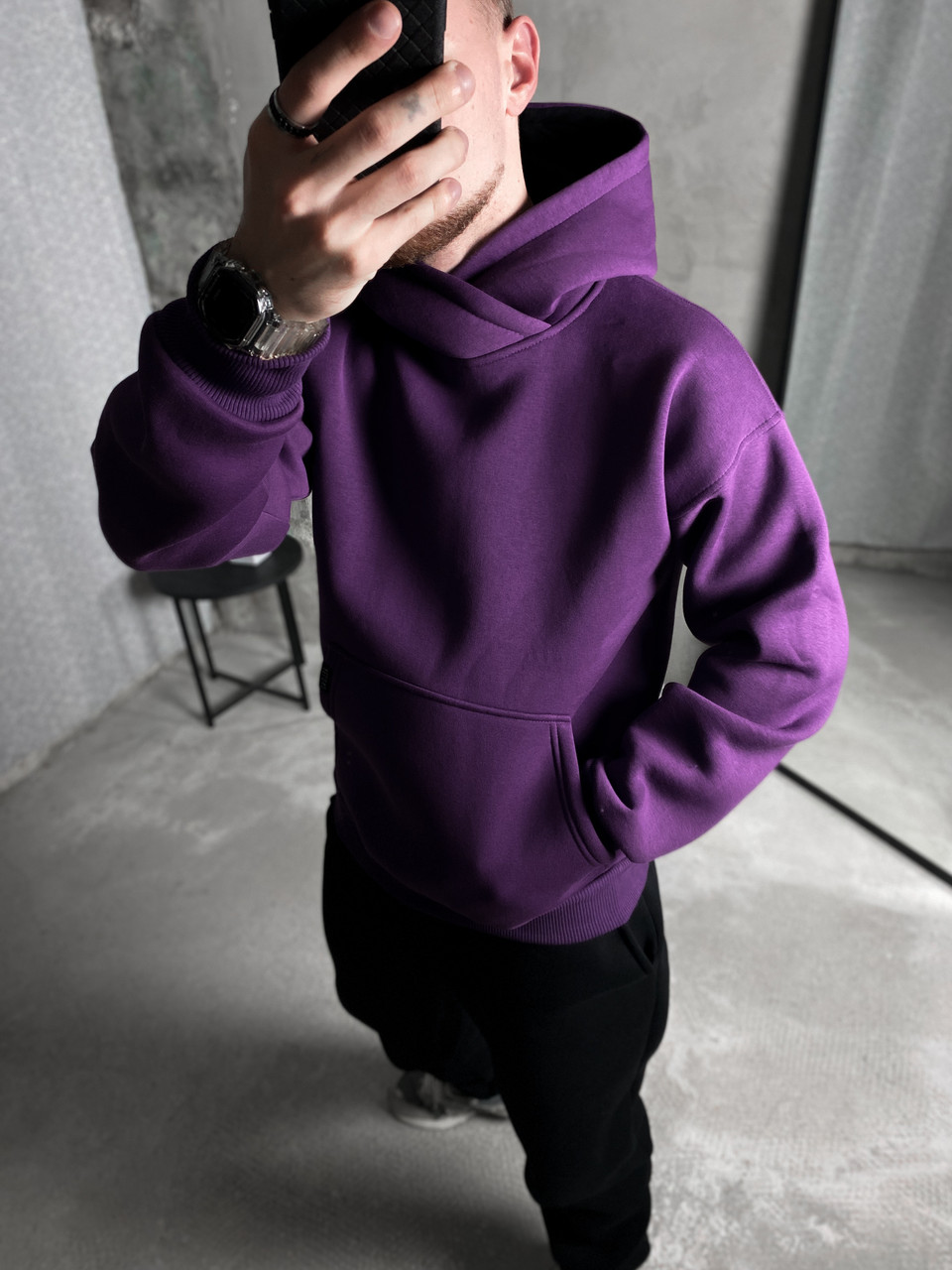 Толстовка чоловіча зимова fleece фіолетова худі зимове чоловіче з капюшоном на флісі кофта тепла з начосом