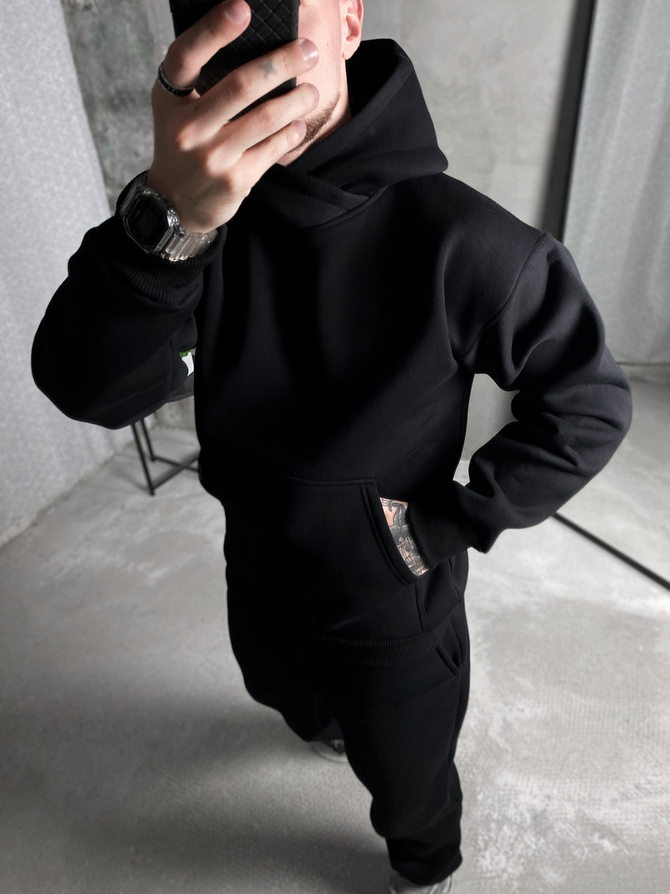 Толстовка чоловіча зимова fleece чорна худі зимове чоловіче з капюшоном на флісі кофта тепла з начосом