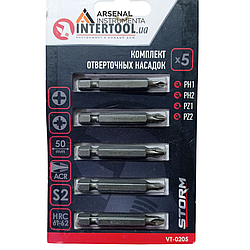 Комплект насадок викруткових PH1, PH2, PZ1, PZ2 1/4"x50мм, ACR, S2, уп. 5од., STORM INTERTOOL VT-0205