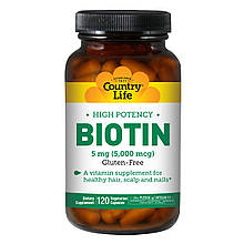 Концентрований біотин В7 Country Life 5 мг High Potency Biotin 120 желатинових капсул (CLF6506)