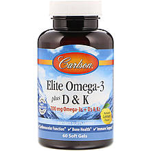 Омега 3 + вітамін D3 і вітамін К, Omega-3 Plus D & K, Carlson, 60 гелевих капсул