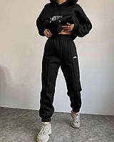 Жіночий спортивний костюм на флісі утеплений чорний 42-46