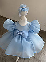 Платье голубого цвета, повязка на голову, трусики, пинетки для девочки. Комплект для девочки.