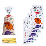 Прозорі пакети з малюнком Динозаври асорті подарункові фасувальні із затискачами комплект 10 шт 27х 12.5 см
