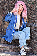 Жіноча джинсова з принтом куртка/парка на хутряній підкладці з капюшоном хутряним.