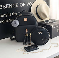 Женский черный набор 3 в 1 с брелком, круглая сумочка кросс-боди и визитница