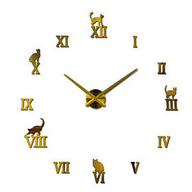 Настінні 3D годинники DIY Clock 80-100 см Кішки Золото iC227
