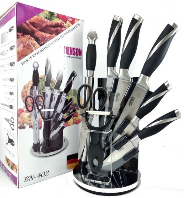 Набір кухонних ножів Benson BN-402 з підставкою 9 предметів із нержавіючої сталі SV227, фото 1