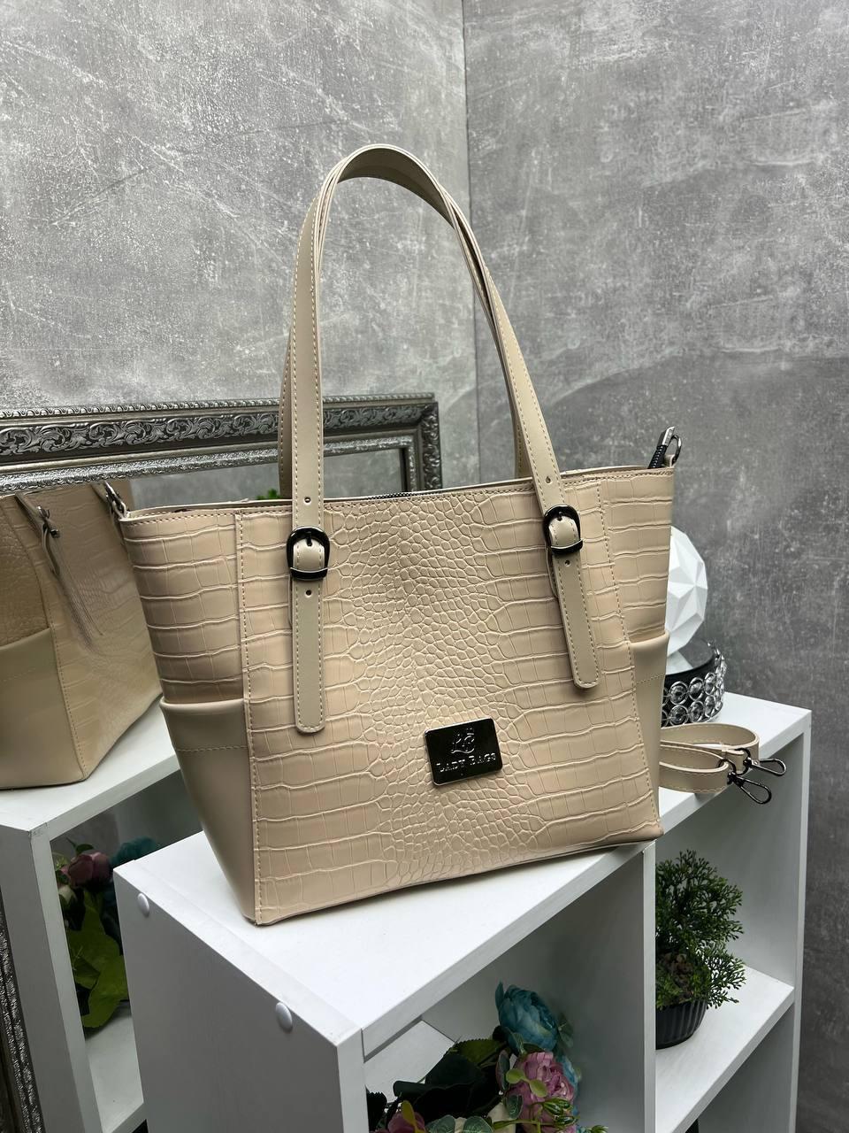 Велика бежева жіноча сумка під рептилію формат А4 міська на плече модна екошкіра