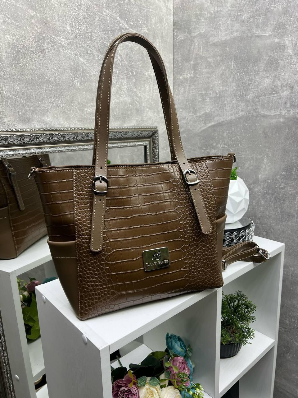 Велика коричнева жіноча сумка під рептилію формат А4 міська на плече модна екошкіра, фото 1