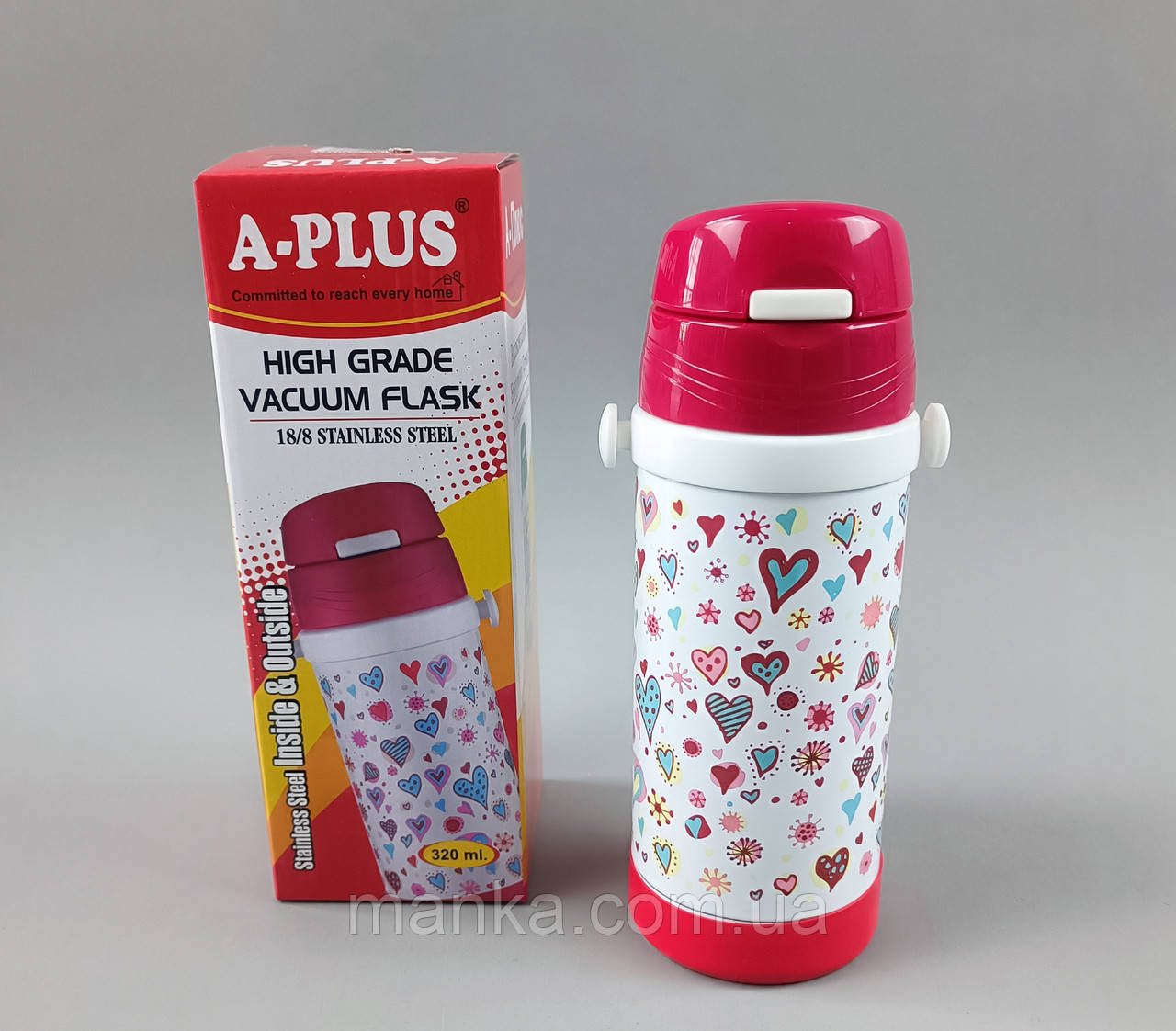 Дитячий термос з трубочкою.А-плюс з трубочкою Сердечка 320 мл FL-1776 L1, фото 1