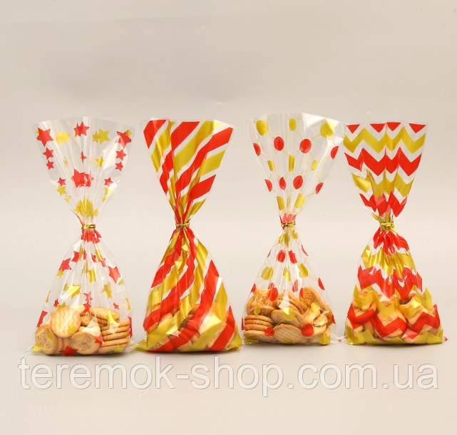 Пакети подарункові з малюнком Червоні, для насолод фасовочні прозорі з затискачами мікс 10 шт 27х12.5 см, фото 1