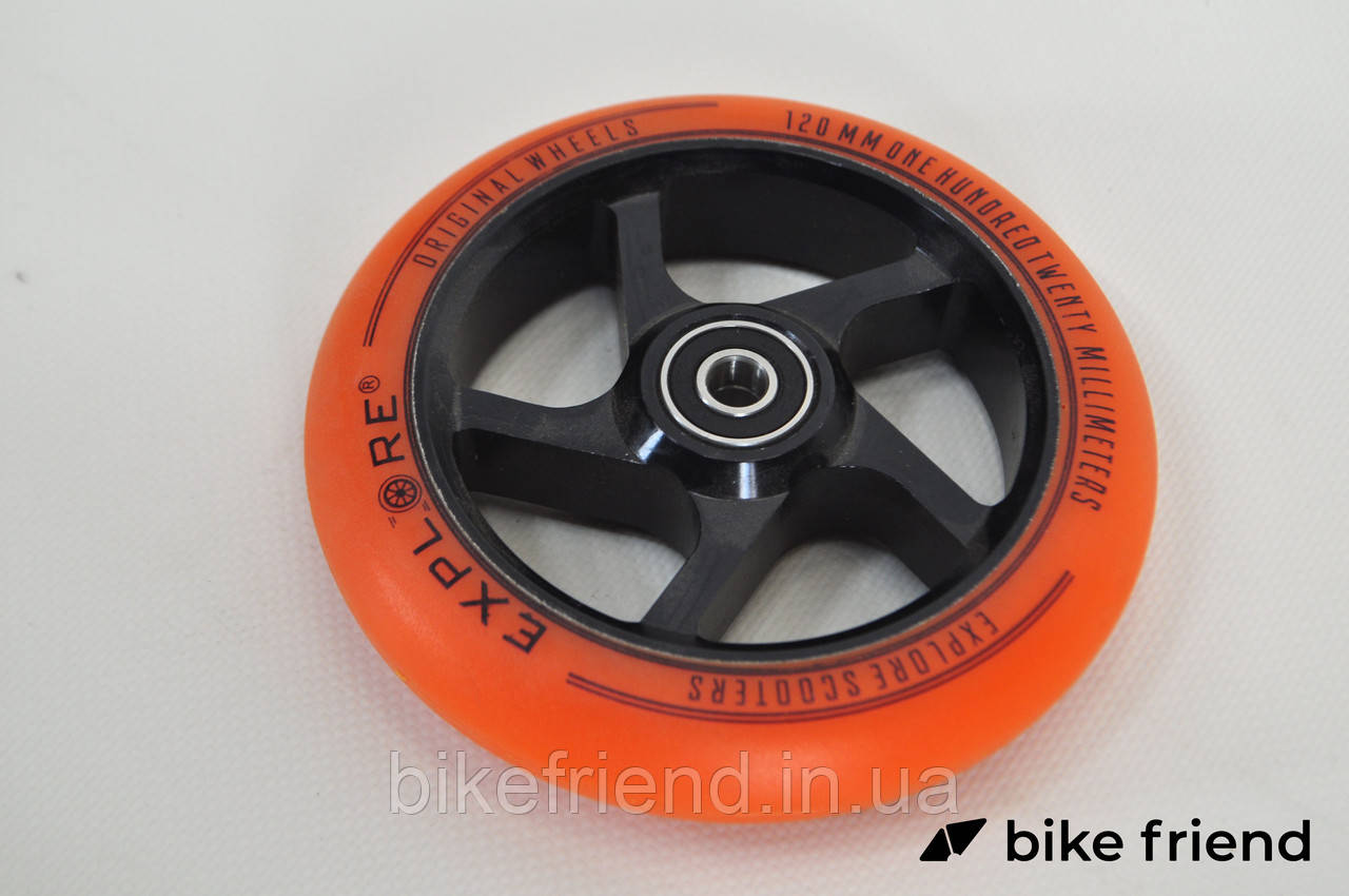 Колесо для трюкового самоката 120 мм дюралевый диск Explore Scooter Wheel оранжевое + ABEC 9 - фото 4 - id-p1283016403
