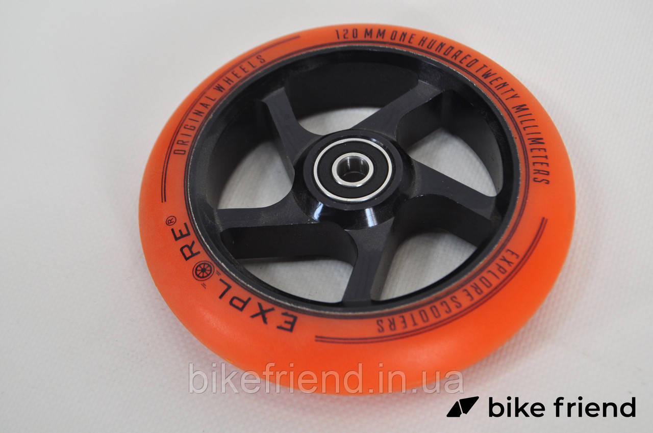Колесо для трюкового самоката 120 мм дюралевый диск Explore Scooter Wheel оранжевое + ABEC 9 - фото 2 - id-p1283016403