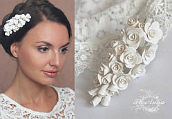 Весільна шпилька для волосся з квітами "Віточка троянда айворі"