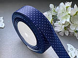 Стрічка репсова з малюнком 2,5 см "Дрібний білий горошок на темно-синьому", фото 6