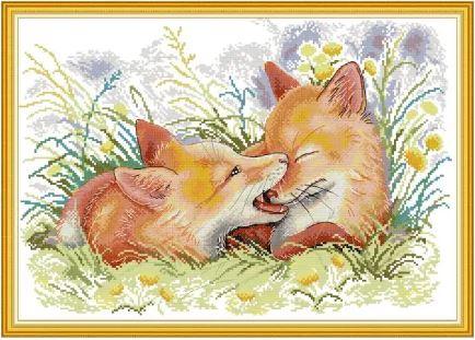 Набір для вишивання за нанесеною на канву схемою "Two Playful Foxes". AIDA 14CT printed, 48*35 см
