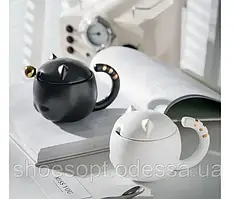 Чашка керамическая Котик белая, черная