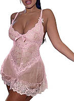 Пеньюар розовый эротический полупрозрачный короткий, сорочка для сна и секса Ночная рубашка, L