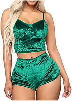 Зеленая велюровая женская пижама топ и шортики