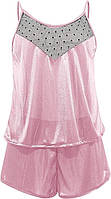 Пижама секусальная розового цвета майка с кружевом и шортики из атласа