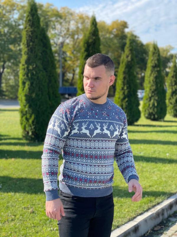 Hоводній cвітер чоловічий розмір Xl Блакитний принт олені та сніжинки