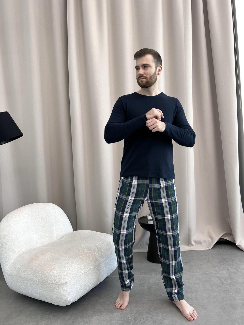 Домашня піжама для чоловіків COSY із фланелі (штани+лонгслів темно синій) в клітину синьо-зелені XL; 2XL