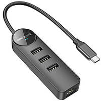 Переходник USB-hub хаб 4-в-1 BOROFONE DH6 |Type-C to USB2.0*3+RJ45/0.2м| Черный