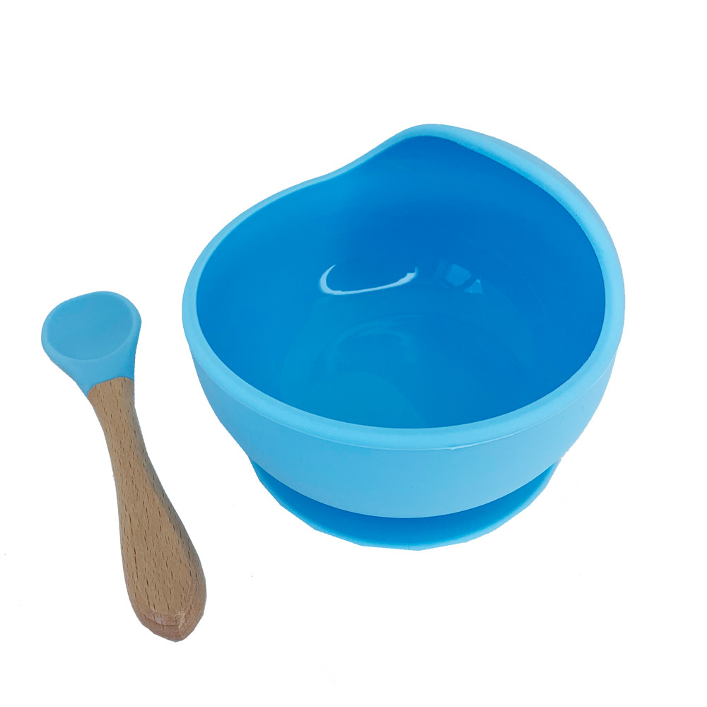 Силіконова тарілка на присосці з дерев'яною ложкою (блакитна), MEGAZayka, 0103 блакитна