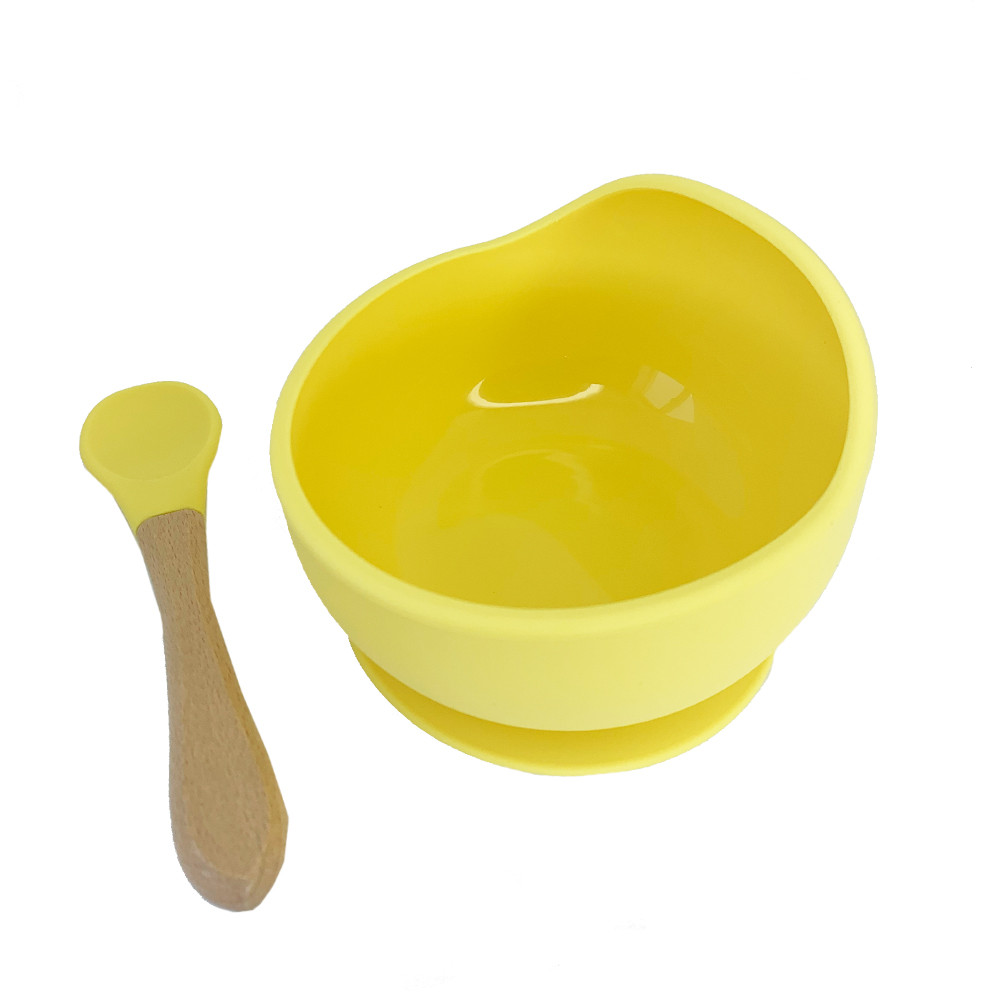 Силіконова тарілка на присосці з дерев'яною ложкою (жовта), MEGAZayka, 0103жовта