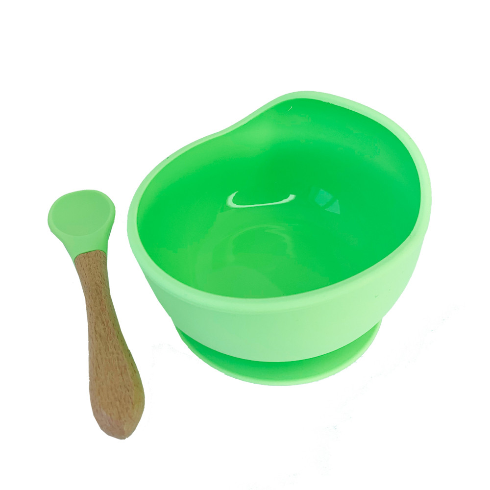 Силіконова тарілка на присосці з дерев'яною ложкою, MEGAZayka, 0103