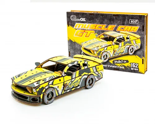 Дерев'яний об'ємний конструктор автомобиль Muscle car GT (жовта), 162 шт