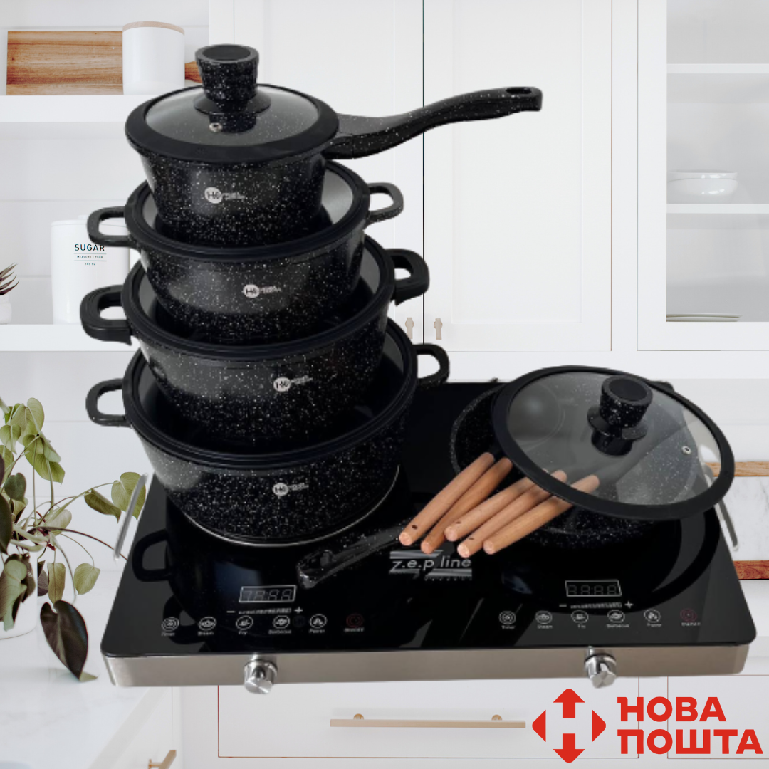 Набір каструль Highher Kitchen казан з мармуровим антипригарним покриття сковорода сотейник кухонні лопатки OS