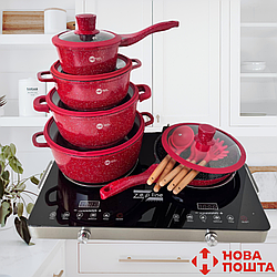 Набір каструль Highher Kitchen казани з гранітним антипригарним покриттям сковорода сотейник кухонні лопатки OS Червоний