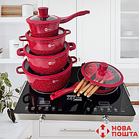 Набор кастрюль Highher Kitchen казаны гранитным антипригарным покрытие сковорода сотейник кухонные лопатки OS Красный