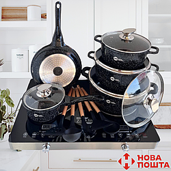 Набір каструль Higher Kitchen посуд з мармуровим антипригарним покриття сковорода сотейник кухонні лопатки OS