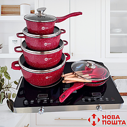Набір каструль Higher Kitchen посуд з мармуровим антипригарним покриття сковорода сотейник кухонні лопатки OS Так, 17, Червоний