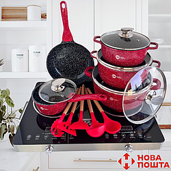 Набір каструль Higher Kitchen посуд з гранітним антипригарним покриттям сковорода сотейник кухонні лопатки OS Весь набір, 16-20, Червоний