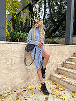 Стильное базовое теплое прямое женское платье двухсторонняя ангора миди с разрезом на ноге OS 50/52, Серый