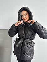 Женская куртка стежка с поясом стеганная зимняя стеганая куртка на подкладе с капюшоном силикон 250 OS 44, Черный